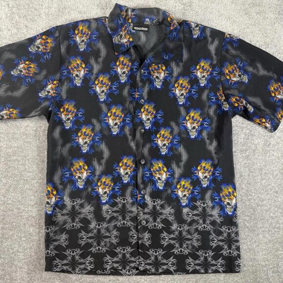 Vintage Odo Y2K Grunge Button Up Shirt Flames Skulls Skeleton Men’s Size Large - Picture 1 of 5